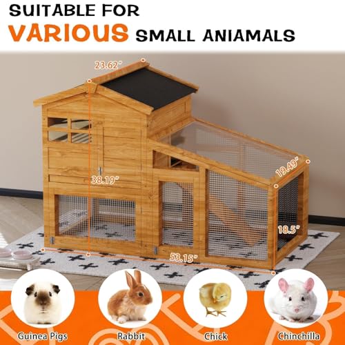54" 2-Tier Wooden Rabbit Hutch with Run, Small Animal Cage with Removable Tray, Ramp, 6 Access Doors & Asphalt Roof, Weather-Resistant Bunny House for Rabbits, Guinea Pigs, Chinchillas, Natural Wood - color: Wood color