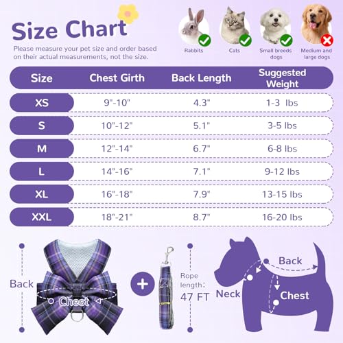 Cute Dog Harness and Leash Set with Bow Tie Soft Mesh Plaid Girl Puppy Harness No Pull Pet Cat Dog Vest Harness for Small Dogs Chihuahua Rabbit Outfit (Purple,L) - color: Purple, size: L(Chest 14"-16")