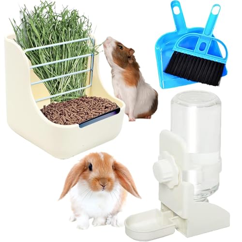 HERCOCCI Rabbit Hay Food Bin Feeder and Bunny Water Bottle Set, Hay Food Feeder Bowls Manger Rack with 500ml Hanging Water Dispenser Prevent Knock Over for Rabbit Guinea Pig Chinchilla (Large, White) - color: WHITE