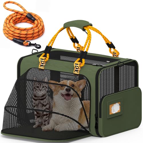 PAWZIDEA Large Pet Carrier Expandable, 24"×16"×16" Soft-Sided Cat Carrier for 2–4 Cats up 55lb, Portable & Collapsible Small Medium Dog Travel Crate for Car, XL Storage Pocket, ID Card, Shoulder Strap - color: Forest Green, size: 24.0"L x 16.0"W x 16.0"H