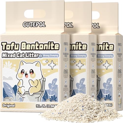 Clumping Cat Litter Tofu Mixed,Dust-Free Flushable 16.5 lb (3-Pack) | 4-in-1 Bentonite Tofu Cat Litter Odor Control Water Absorbent Multi-Cat Milk Scent - size: 5.5lb x 3bags, style: Mixed-Milk