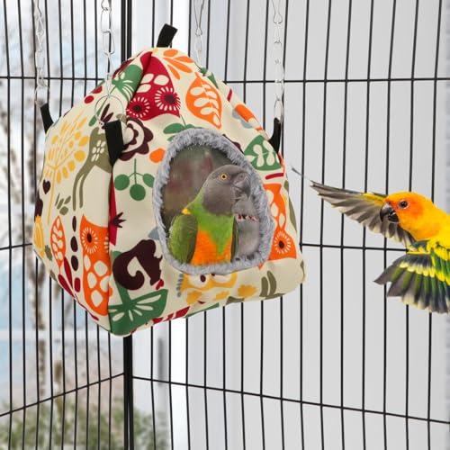 Bird Plush Hammock Parrot Hanging Snuggle Cave Happy Hut Tent for Parakeet Cockatiel Conure Lovebird Budgie Hamster Gerbil Rat Chinchilla Squirrel Cage (M, Beige Pattern) - color: Beige Pattern, size: M