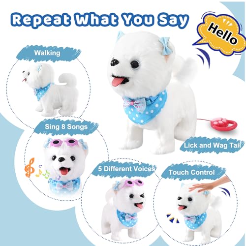 Ylpaprm Samoyed Walking Dog Barking Toy Dog for Kid Girl Dog ToyToddler Interactive DogThat Walk Licking Doggy Puppy with Leash, Electric Talking Singing Tail Wag Plush Pretend Dress Up Birthday Gift - color: 1.samoyed Dog