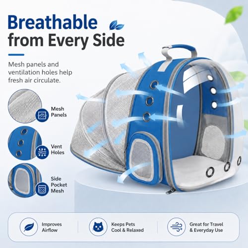 Expandable Cat Carrier Backpack with Bubble Window, Blue | Breathable mesh, anti-collapse frame, side door, safety leash and escape-resistant zippers for vet visits and outdoor travel. - color: Blue