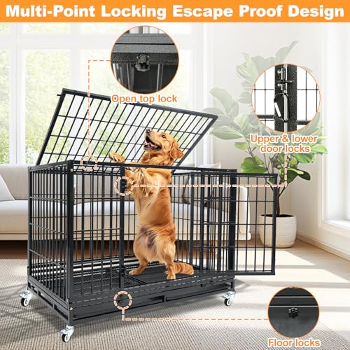 Homey Pet Stackable Heavy Duty Large Dog Crate Cage Kennel for Large Dogs | 47 Inch Black Solid Indestructible Kennel with Lockable Wheels, Double Door, Removable Dual Trays, Escape Proof Auto Locks - size: 46.5"L x 28.5"W x 35.0"H