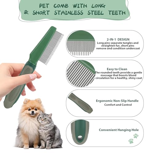 2PCS Pet Grooming and Deshedding Tools | 2-In-1 Double-Sided Cat Brush for Shedding and Bathing, Dogs & Cats Shedding Comb for Long and Short Haired Dogs Cats - color: Green