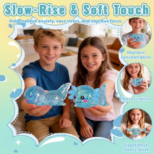 3.94 in Blue Glitter Crawling Axolotl Squishy Slow Rising | Soft TPR, Floating Glitter, squeeze toy, busy hands, stress relief, focus support, home, class, travel, kids and adults - color: Blue