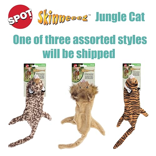 SPOT Skinneeez Jungle Cat 14 Inch Stuffing-Free Plush Squeaky Dog Toy – Soft Interactive Chew Toy for Small and Medium Dogs – Mess-Free Play for Light & Moderate Chewers - style: Mini Jungle Cat