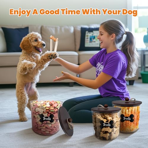 HOYTAMDAR 3 Pack Airtight Dog Treat Containers Bamboo Lids, Dog Treat Jars | Dog Food Storage Container with Scoops, Clamps, Labels and Marker, Dog & Cat Treat Holder - color: Brown - 3 Pack