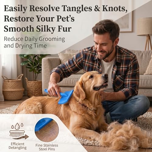 Wooden Long Pin Slicker Brush for Large Dog, Poodles & Doodles Long Hair | Grooming, Fluff & Detangle Heavy Dense Wavy Curly Coats to Easily Prevent Severe Hair Matting During Shedding Seasons - color: Blue