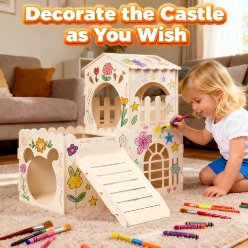 Large Rabbit House, Wooden Bunny Castle with 3 Houses Indoor, Rabbit Guinea Pig Cage Multistory Climbing Tower Sturdy Wooden Castle, Small Animal Hideaway Tunnel - size: 3 Houses
