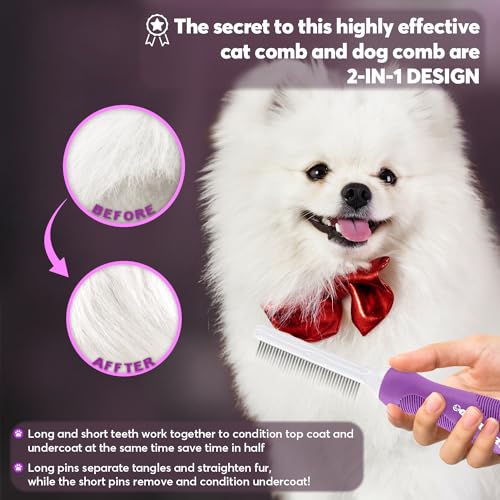 GENPEPADO Grooming Comb for Dogs and Cats with Matted Hair, Detangling Pet Comb with Long and Short Stainless Steel Metal Fine Teeth for Removing Mats, Tangles, Knots & Loose Fur from The Undercoat - color: Purple