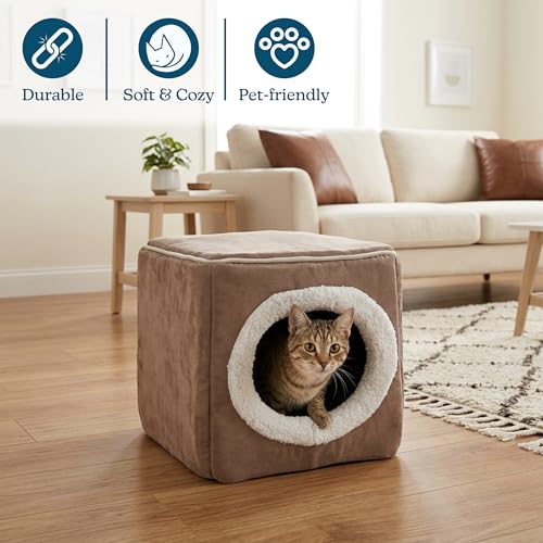 Cat House - Indoor Bed with Removable Foam Cushion - Cat Cave for Puppies, Rabbits, Guinea Pigs, and Other Small Animals by PETMAKER (Light Brown) - color: Light Brown