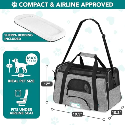 PetAmi Airline Approved Pet Carrier for Cats Small Dogs, Large Heather Gray | Soft Sided TSA Travel Bag, Sherpa Bed, Breathable Mesh Ventilation, Collapsible Bowl, Fits Under Seat, Up to 18 lbs - color: Heather Gray, size: Large - 19.5"L x 10.2"W x 12"H