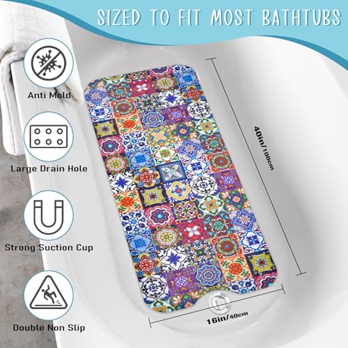 Boho Bathtub Mat Non Slip, Vintage Bath Tub Mat Baby Bath Mats for Bathroom Anti Slip Shower Mats for Inside Shower, Colorful Floral Bathmat with Suction and Drain Holes Machine Washable, 40″x16″ - color: D03, size: 40" x 16" (Rectangular)