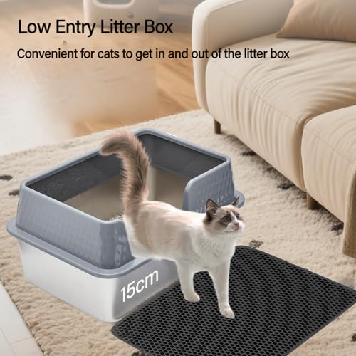Large Stainless Steel Cat Litter Box with lid Cover Mats Scooper Small High Sided Enclosed Metal Kitty Litter Box for Kittens or Senior Cats with Grey Enclosure - size: Large