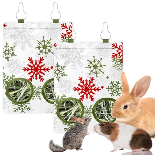 JarThenaAMCS 2 Pcs Winter Snowflake Rabbit Hay Feeder Bag with 2 Holes 11.5 x 9 Inch Christmas White Guinea Pig Hanging Hay Feeding Bag Storage Dispenser for Xmas Hamster Bunny Small Animal Pet