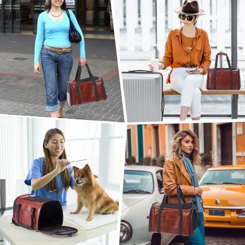 Fashion Dog Carrier Pet Carrier Airline Approved Cat Carrier for Small Dogs Cats Under 15 Lbs, Vegan Leather Collapsible Soft Sided Travel Puppy Carrier - color: Coffee
