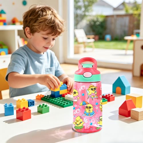 Kids Plastic Water Bottle - Duck Water Bottles for Kids, 14oz Plastic Water Bottle with Straw Lid, Leakproof BPA-Free Cute Duck Water Bottles for Home Sports Travel, Pop-Up Straw Cover, Pink - color: Fun Duck