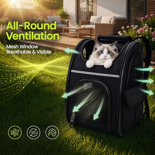 Expandable Cat Backpack Carrier Airline Approved Pet Travel Backpack with Breathable Mesh, Large Space, Safety Leash, Comfortable Padded Straps, Foldable Soft Pet Carrier for Hiking Vet