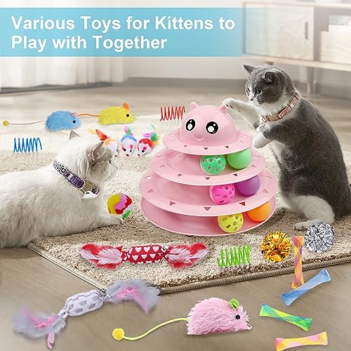 UPSKY 24 PCS Cat Toys Set with Teaser, Mice, Spring, and Various Ball Toys | Puzzle Kitten Toys, Sturdy Structure, Detachable Design, Easy to Assemble, Anti-Slip, Reduces Boredom for Indoor Cats - color: D-24PCS-Pink