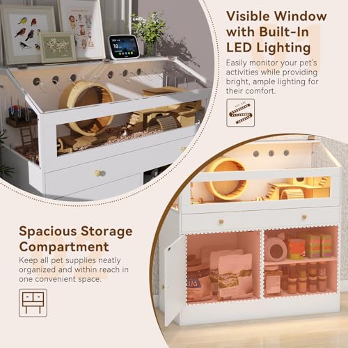 Hamster Cage with Storage Cabinet, Small Animal Habitat – Furniture-Style Enclosure with Built-in LED Light & Acrylic Panels for Hamsters, Guinea Pigs, Rabbits