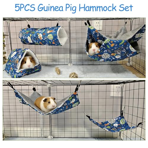 kathson 5 PCS Guinea Pig Hammock Set, Washable Rat Hammock, Guinea Pig Hideout Bed Soft Hamster Hanging Tunnel Mats Small Pets Cage Accessories for Chinchilla, Sugar Glider, Squirrel(Blue) - color: Blue