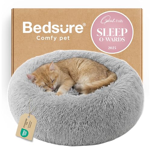 Bedsure Calming Cat Beds Donut Round Washable Kitten Bed,20 inches Pale Grey - color: Pale Grey, size: 20"L x 20"W x 6"Th