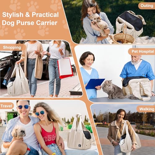 Small Dog Purse Carrier for Puppy Cats Yorkie Chihuahua,Up to 15lbs | Soft-Sided Pet Tote Bag with 4 Large Pockets, Lightweight, Foldable, for Travel Outings Vet (15.4"L×7.9"W×11.8"H, Beige) - color: Beige