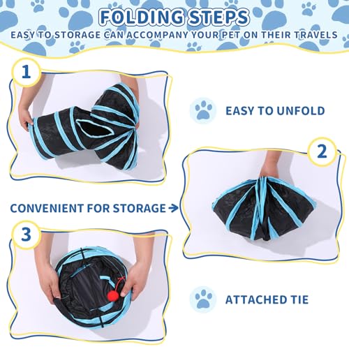 Pet Cat Tunnel, Y-3 Way Tunnels for Indoor Cats, Collapsible Pet Tunnel for Kitten, Puppy, Rabbit, 25cm-Wide Tunnels, Durable & Breathable, with Peek Hole Toy Ball - color: Y-junction Tunnel & Black/Blue