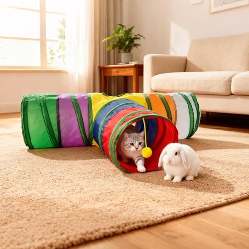 Cat Tunnel,Cat Tunnels for Indoor Cats Interactive, Pet Tunnel Toys for Cats Kitten Rabbits,3 Way Collapsible,Rainbow L 32" T Shape - color: Mini Cat Tunnel Toy Rainbow
