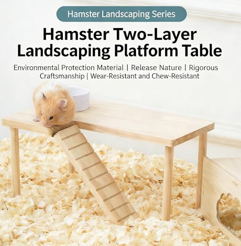 Natural Wood Hamster Platform, Hinge-Connected Ramp & Screw-Fixed Poles for Extra Stability, Chew-Safe Small Animal Loft for Cage Accessories, Gerbil, Mouse (Large-Sized) - size: large-sized