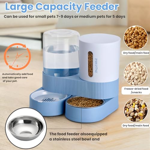 Automatic Cat Feeder Stainless Steel Water Dispenser Gravity Food Feeder and Waterer Set with Pet Food Bowl for Small Medium Kitten Puppy Pets Large Capacity(Blue) - color: Blue