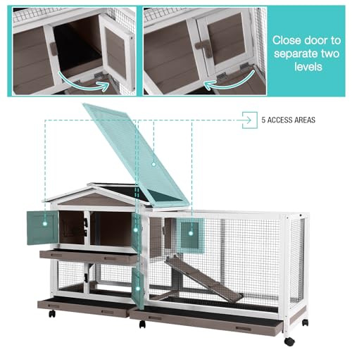 Suumerpety 62" Rabbit Hutch with Chew-Proof Ramp & Waterproof Roof - Indoor/Outdoor Bunny Cage, 2-Story Design, 6 Lockable Caster Wheels & Dual Pull-Out Trays (Brown) - color: (Brown)