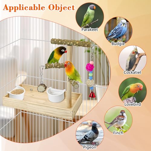 BNOSDM Wooden Bird Feeder for Cage Natural Wood Parrot Feeding Cups Bird Food Dish with Perch Stand for Parakeets, Budgies, Cockatiels, Lovebirds, Finches, Pigeons - size: L:12 x 6 x 1.6in