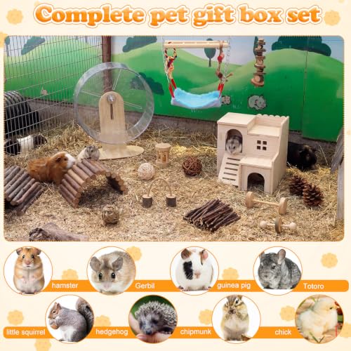 15 Pcs Hamster Cage Accessories Set, Wooden Hamster House, 9.45 Inch Silent Running Wheel, Swing, Tunnel, Chew Toys & Hideout for Dwarf Hamsters, Gerbils, Syrian Hamsters Animals Habitat