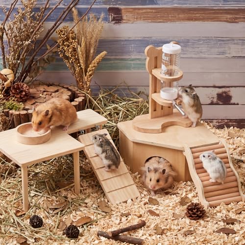 5 Pcs Hamster Cage Accessories, Wood Hamster Play Wooden Platform Water Bottle with Stand Climbing Set for Rat Mice Small Animals Pets Habitats Woodland Decor(Stair Landing) - style: Stair Landing