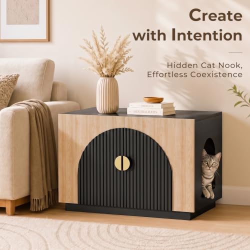 Amunrbrek Cat Litter Box Enclosure Furniture, 31.5" Arched Fluted Cabinet - color: Black and Natural
