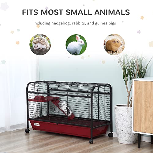 PawHut 41" L Small Animal Cage Rabbit Hutch with Feeder, Rolling Wheels Red | Ferret Pet Play House, Platform, Ramp - size: 41.5"L x 17.3"W x 26.0"H
