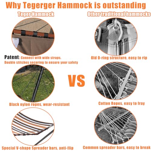 TegerDeger 12FT 2 Person Hammock with Stand Included 55 x 79IN Large Hammock 450LB Capacity with Hardwood Spreader Bar & Nylon Rope for Outside, Patio, Garden, Backyard, Beach - Deep Red - color: Red