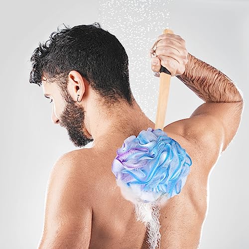 FORENEE Blue, Purple and White Loofah on a Stick, PE Mesh Back Scrubber | Soft PE mesh for rich lather and gentle cleansing; water-resistant coated wood handle, non-slip rubber grip and hanging loop - style: Purple Blue White