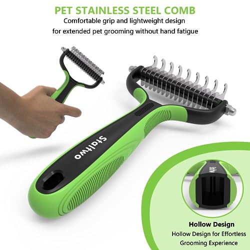 Staltwo Deshedding Dog Brush, Deshedding Undercoat Rake for Dog&Cat | Green Extra-Wide Double-Sided Pet Grooming tool | Shedding Control for Long/Medium-Haired Dogs and Cats, Knot Removal - color: Green