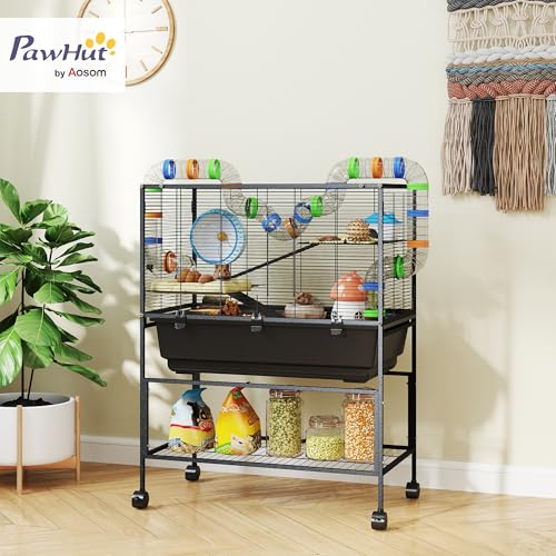 PawHut Large Hamster Cage with Deep Tray, 3 Tier for Syrian Gerbil Mouse | Rolling Rat Cage, Storage Shelf, Big Exercise Wheel, Tube System, Hut, Platforms, Ramps, Food Dish, Water Bottle - size: 32.3"L x 17.7"W x 41.9"H