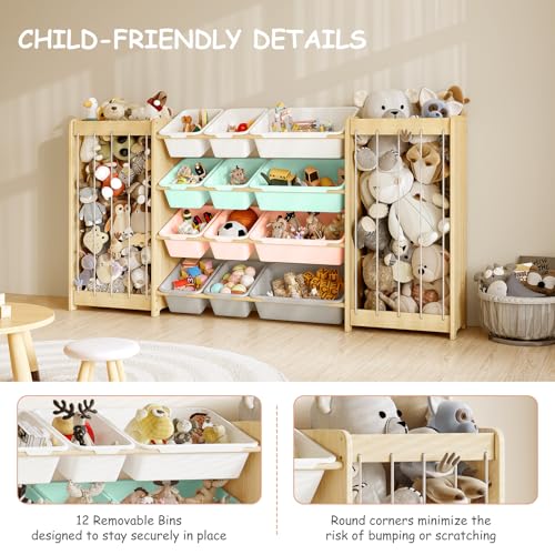 EXPERLAM Large Toy Storage Organizer, Wooden Stuffed Animal Storage & 12-Bins Toy Organizer, Double-Sided Plush Toy Holder Featuring Thicker Ropes, Space Save Playroom Bedroom Nursery Storage, Multi - color: Multi Color, size: 64.4" L × 11" W × 31.5" H
