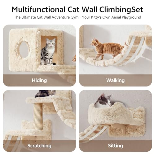 13-in-1 Cat Wall Shelves, Moon & Bridge Cat Wall Furniture, Beige | Wall Mounted Cats Shelf Set with Plush Fabric, Cat Climbing Systems for 16 Inch Drywall, Condo, Scratching Post, Space-Saving - color: Beige, size: 13-in-1