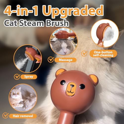 Cat Steam Brush with 2 Spray Levels & Release Button 4-in-1 Cat Water Brush | for Shedding Grooming, Pet Hair Removal Comb for Long Short Haired Cats Dogs, IPX7 Waterproof Self Cleaning Slicker Brush - color: Brown with Handle