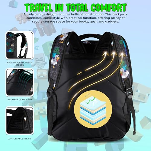 AI ACCESSORY INNOVATIONS Minecraft Chicken Jockey Boys & Girls Backpack, 16” Bookbag w/Molded Chicken Rubber Dangle - color: Minecraft Chicken Jockey Boy