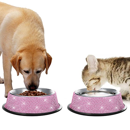 SAVORI Bling Dog Bowls Pink, 640ML Handmade Bling Rhinestones Stainless Steel Pet Bowls Double Food Water Feeder for Puppy Cats Dogs - Set of 2 - color: 640ml-Pink2