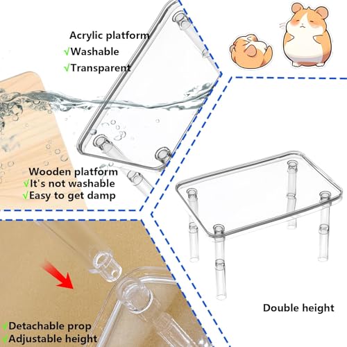 Hamster Platform 4Pcs Acrylic Small Animal Stand Climbing Toy Stuff with Wood Ladder for Dwarf Syrian Hamsters Gerbils Mice Sugar Glider Reptile Bird - color: Transparent(2PCS)