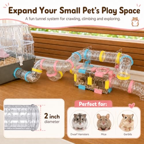 94 Pcs DIY Hamster Tunnel Tube Set, Clear Small Animal Cage Tube Kit Can Easy Viewing, 2-Inch Diameter Exercise Playground for Dwarf Hamsters, Mice & Gerbils